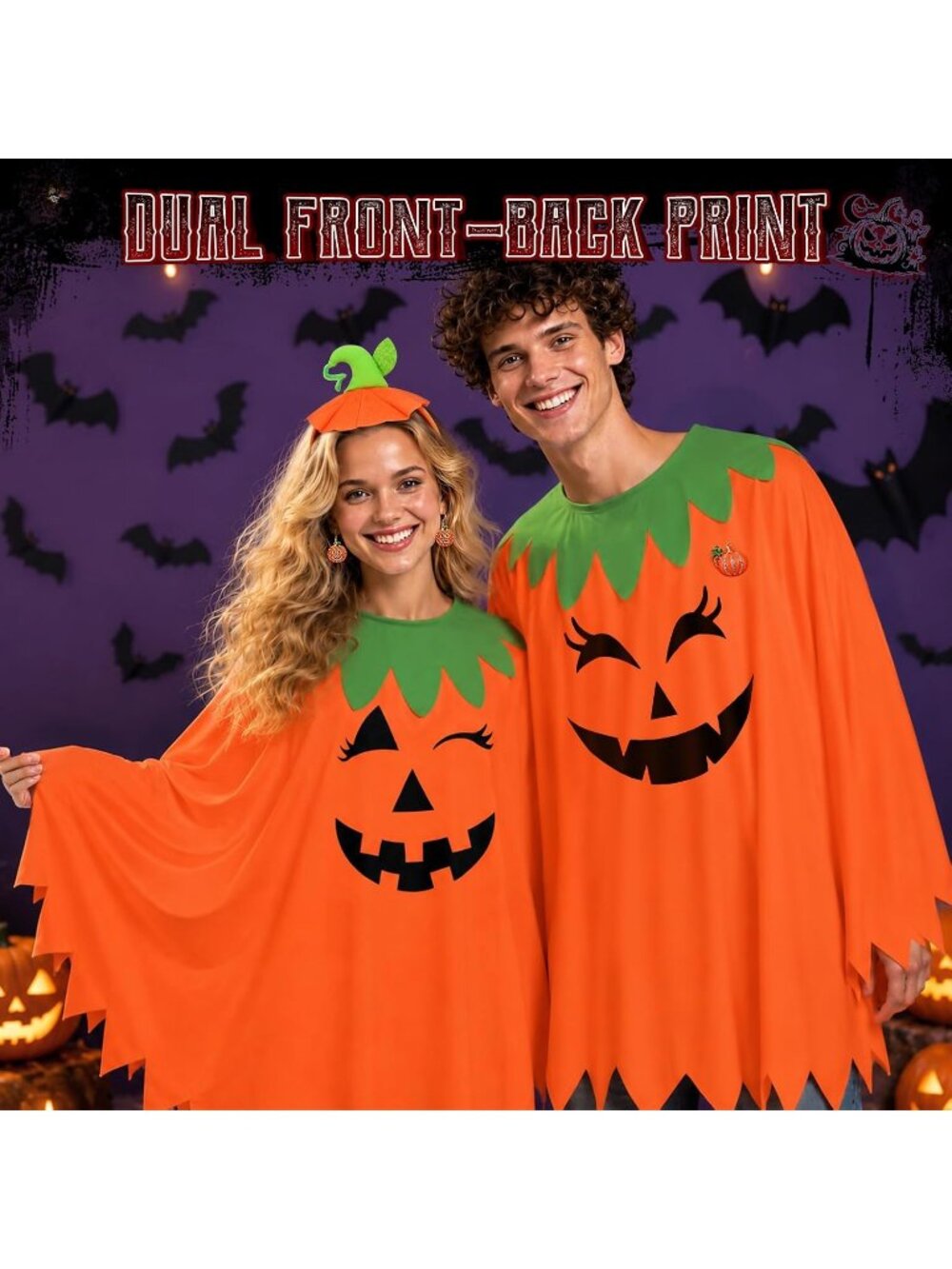 Women's Pumpkin 6 PCS Double Poncho Candy Brooch Cosplay Halloween Costume Set - Picture 2 of 7
